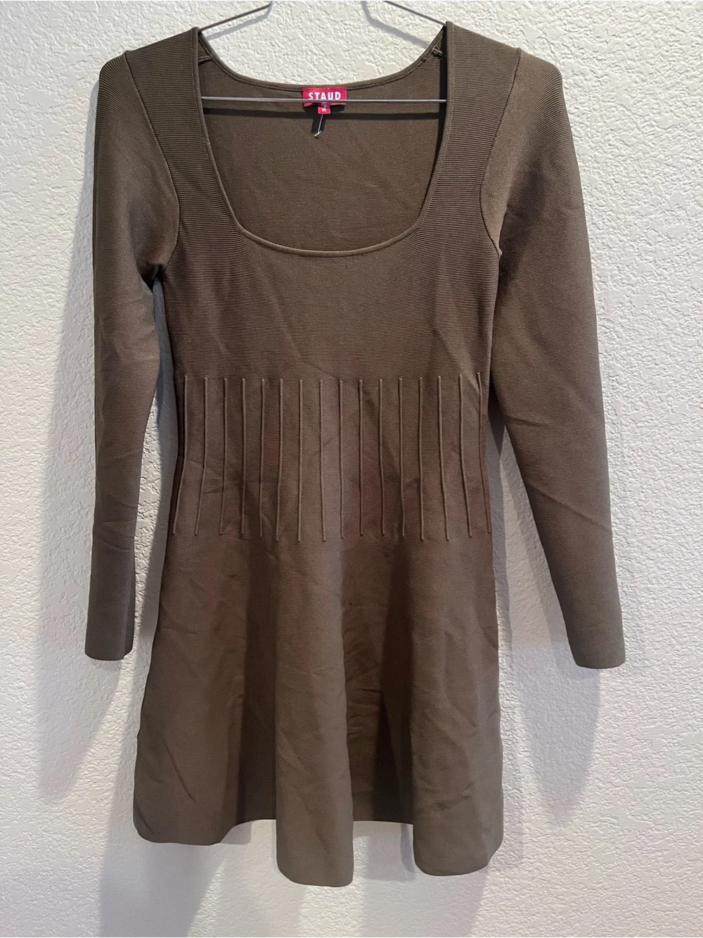 STAUD - Deora Square Knit Long Sleeve Pleated Mini Dress - sergeant green - Med - Picture 6 of 13